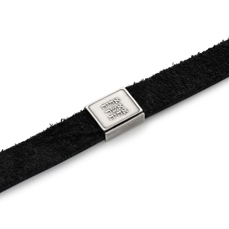 Men's Black Leather Bracelet with Silver-Plated Pendant and Stainless