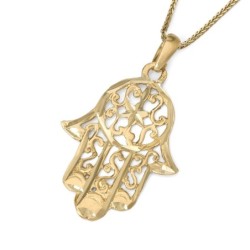 14K Gold Women's Hamsa Pendant with Star of David and Intricate Design