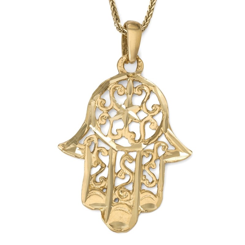 Pendentif Hamsa pour femme en or 14 carats avec étoile de David et design complexe