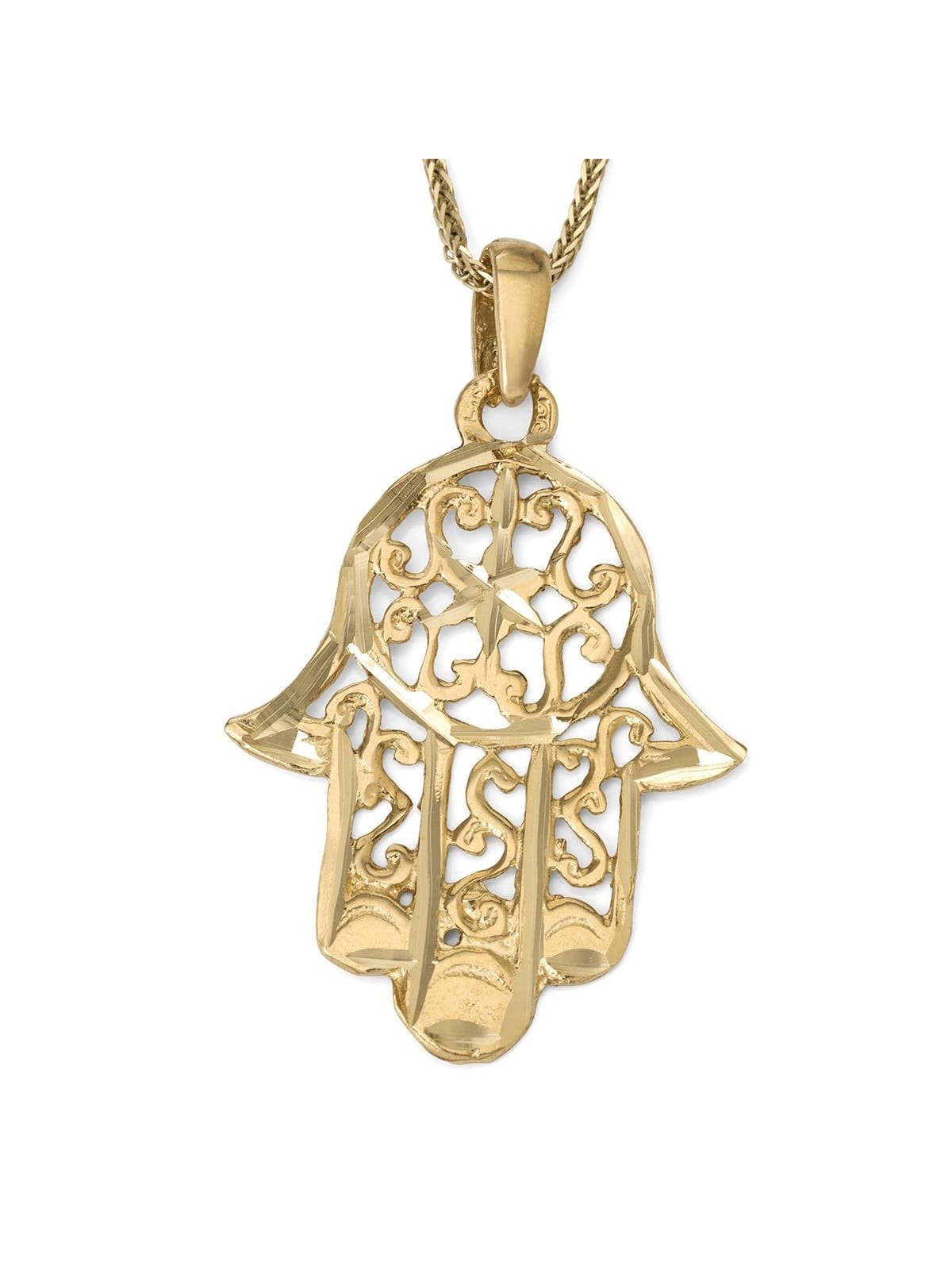 14K Gold Women's Hamsa Pendant with Star of David and Intricate Design