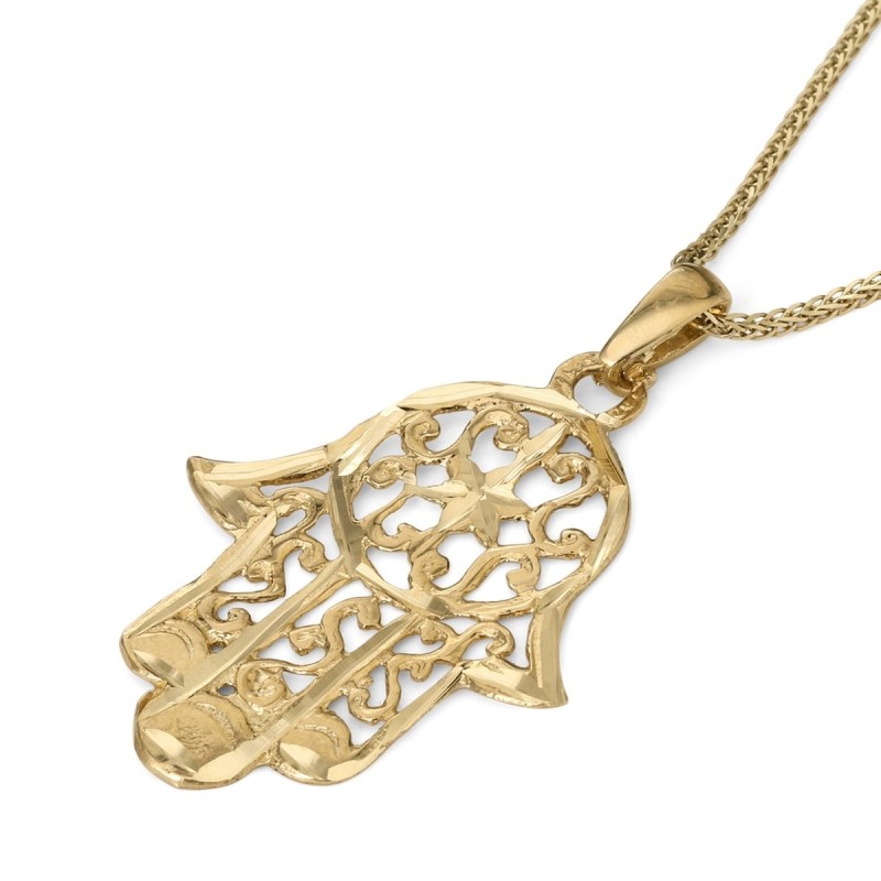Pendentif Hamsa pour femme en or 14 carats avec étoile de David et design complexe