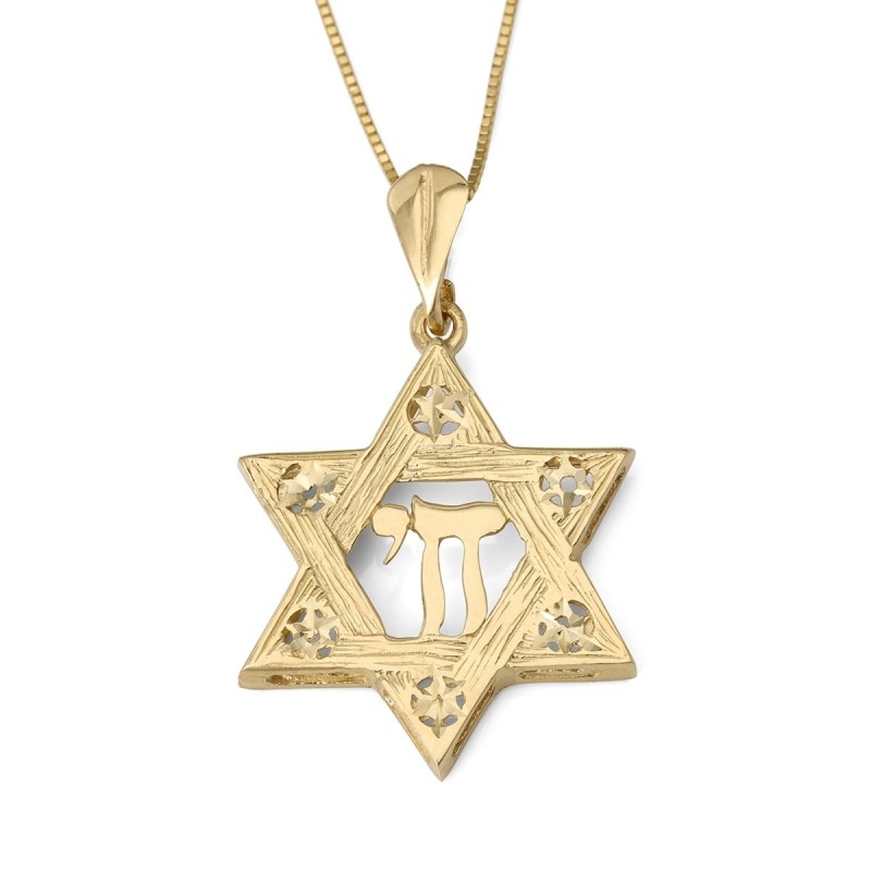 14K Gold Women's Large Textured Star of David and Chai Pendant with St