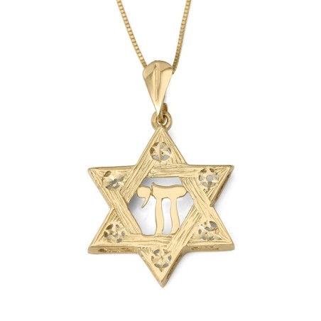 14K Gold Women's Large Textured Star of David and Chai Pendant with St