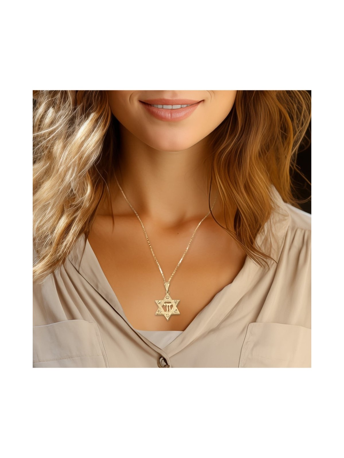 14K Gold Women's Large Textured Star of David and Chai Pendant with St