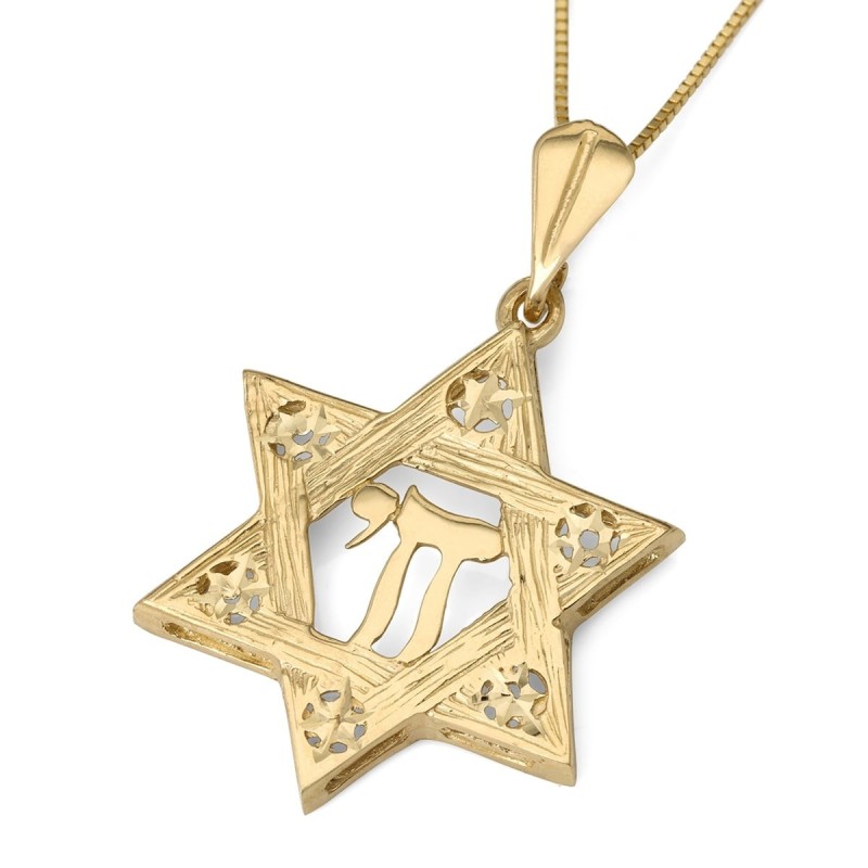 Grand pendentif texturé étoile de David et Chai pour femme en or 14 carats avec St