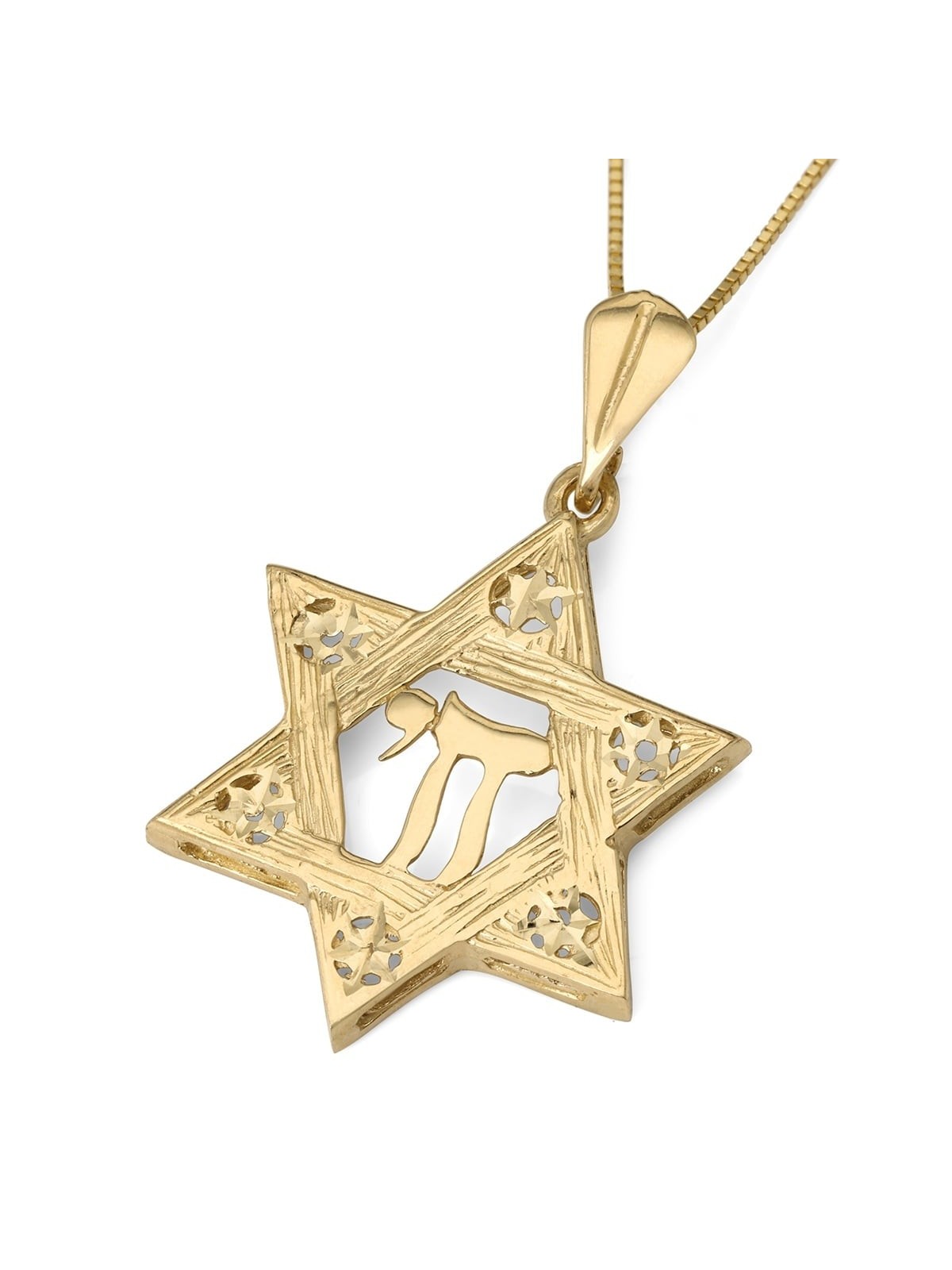 14K Gold Women's Large Textured Star of David and Chai Pendant with St