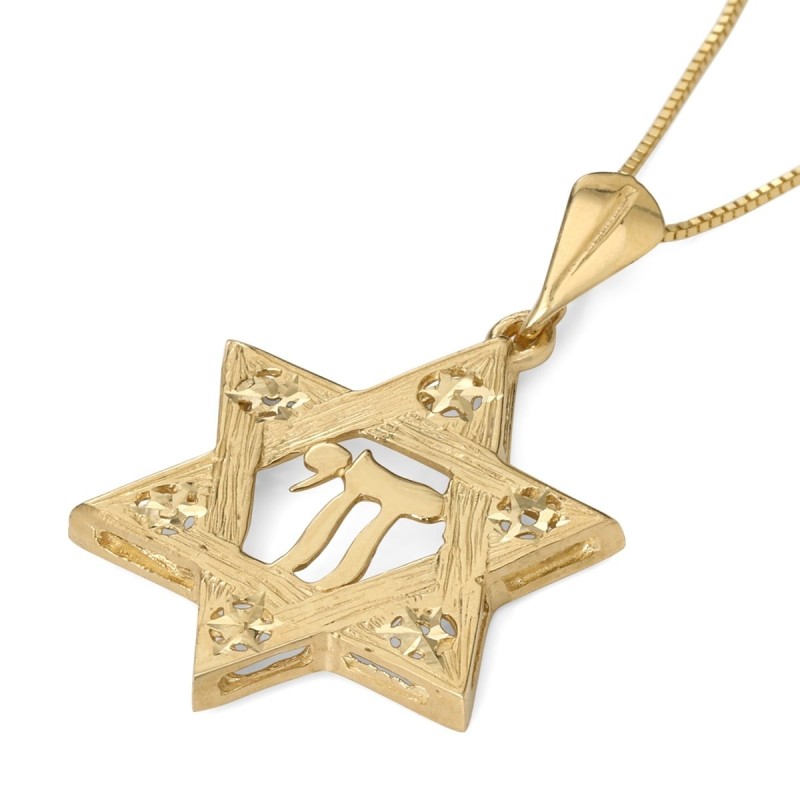 Grand pendentif texturé étoile de David et Chai pour femme en or 14 carats avec St