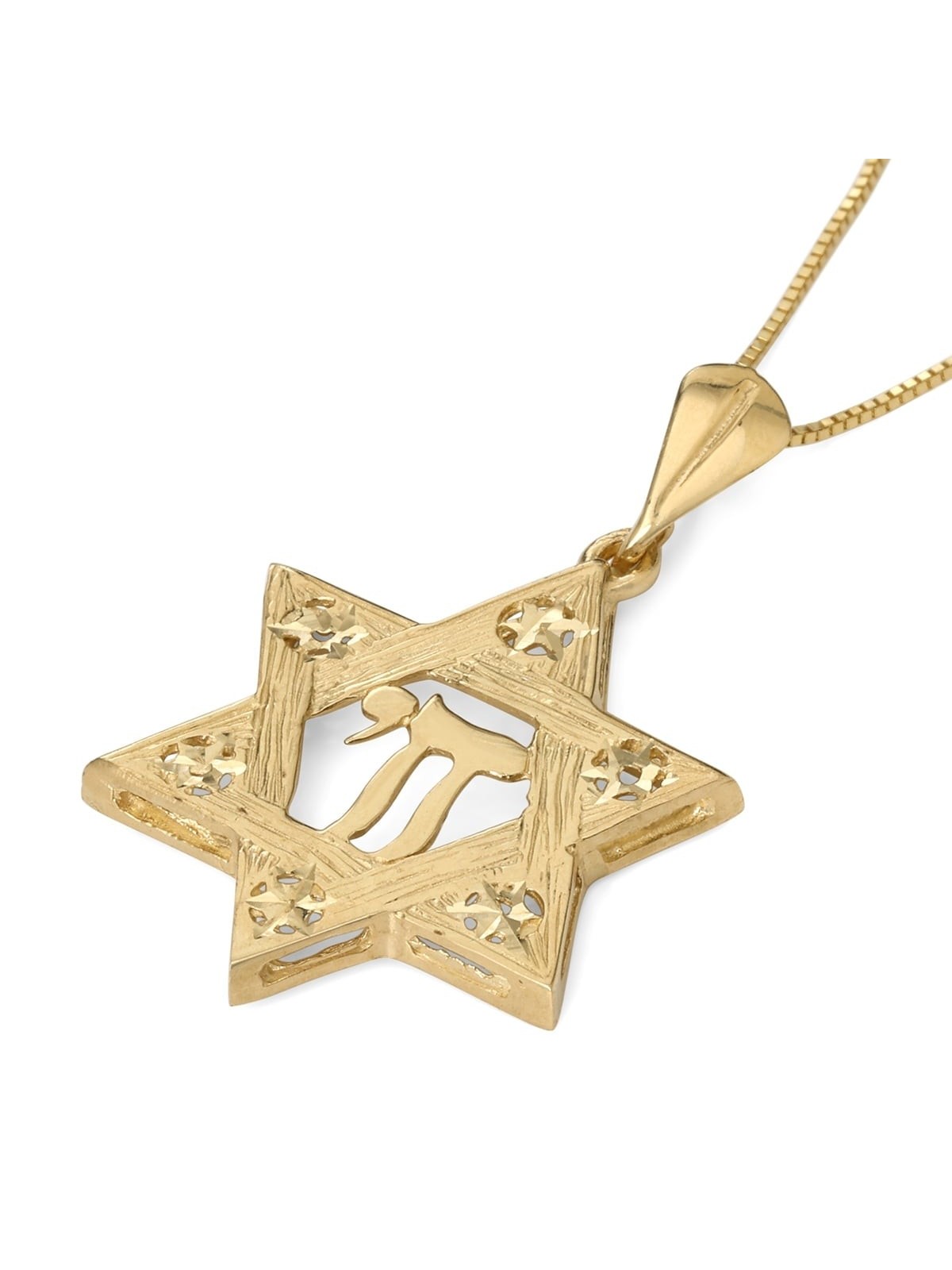 Grand pendentif texturé étoile de David et Chai pour femme en or 14 carats avec St