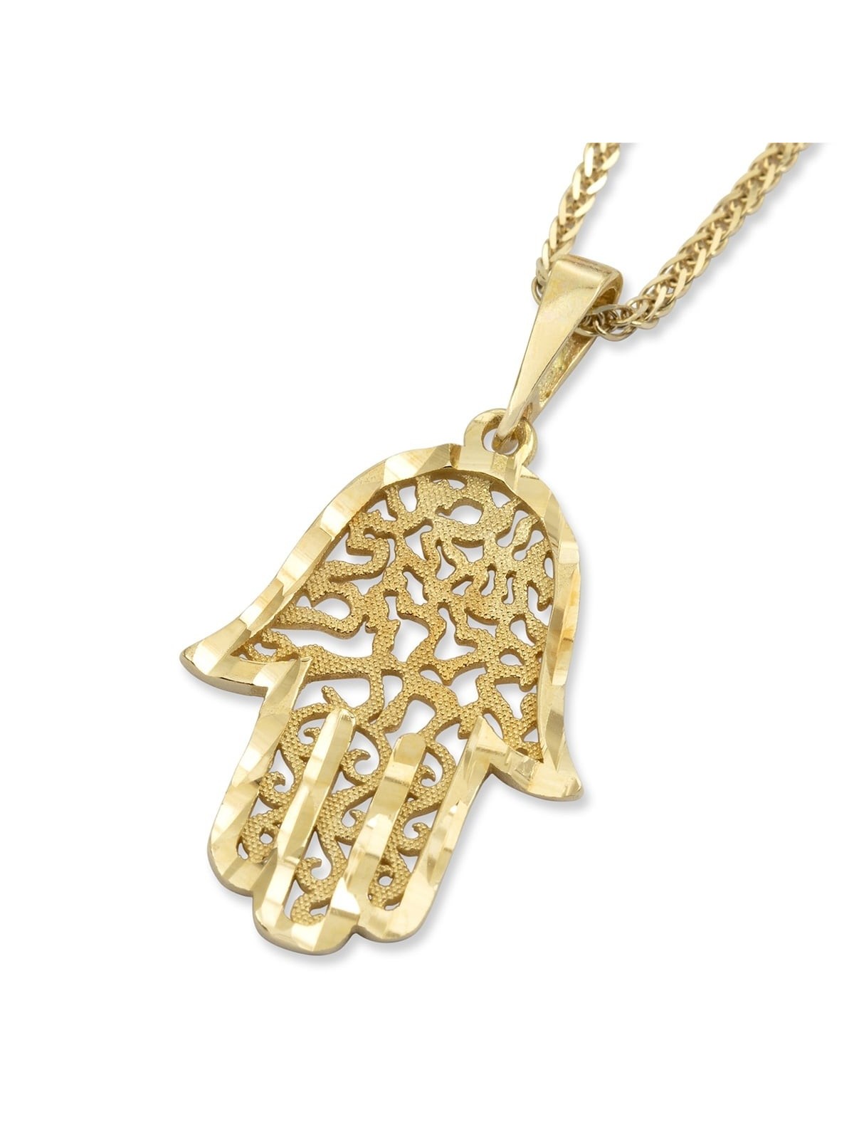 14K Yellow Gold Hamsa Pendant Necklace With Ornate Shema Yisrael Desig