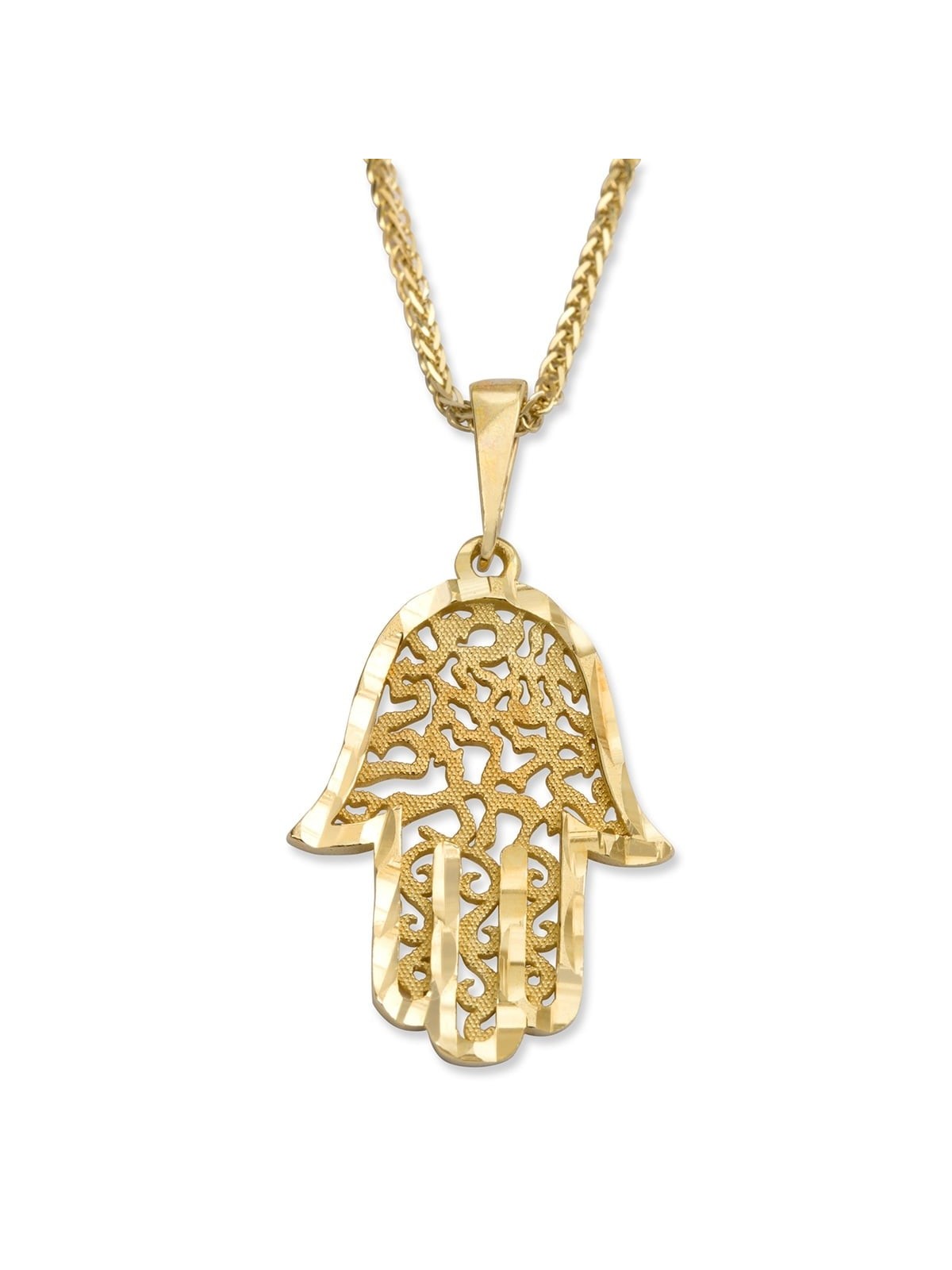 14K Yellow Gold Hamsa Pendant Necklace With Ornate Shema Yisrael Desig