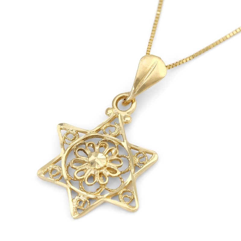 Pendentif délicat étoile de David 14 carats avec fleur pour femme