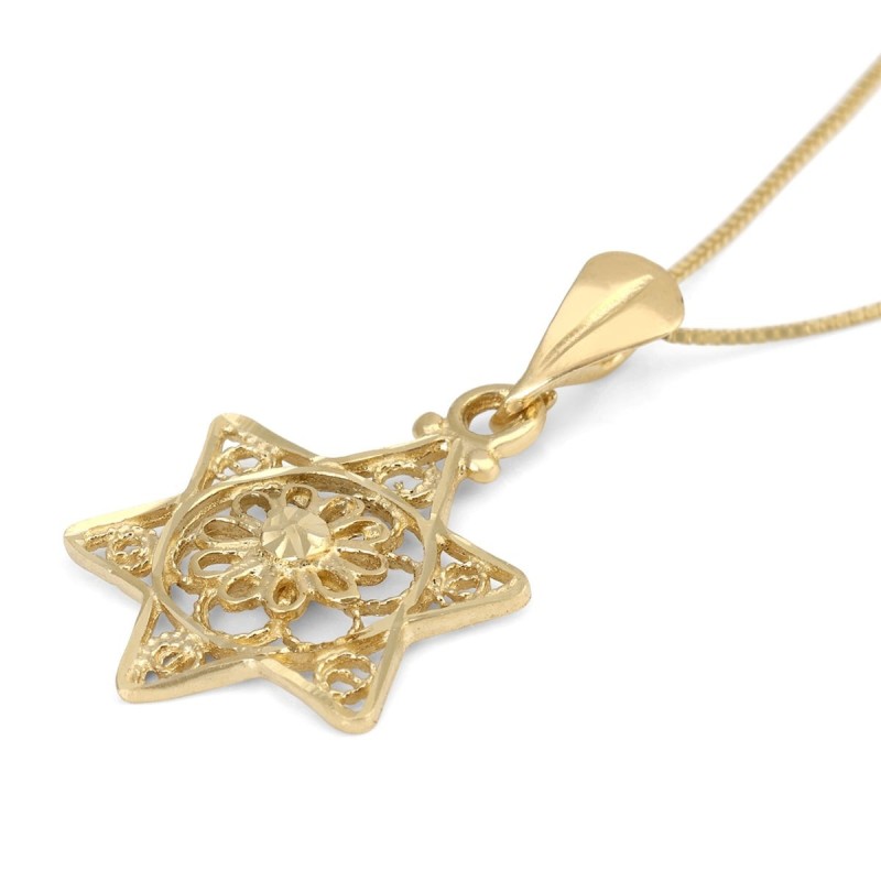 Pendentif délicat étoile de David 14 carats avec fleur pour femme