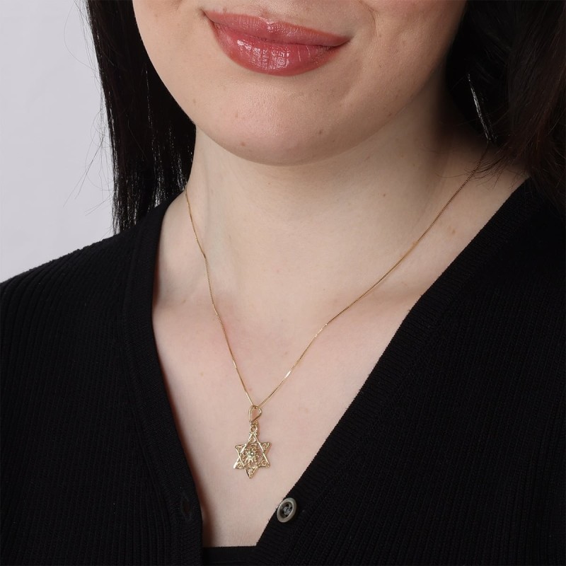 Pendentif délicat étoile de David 14 carats avec fleur pour femme