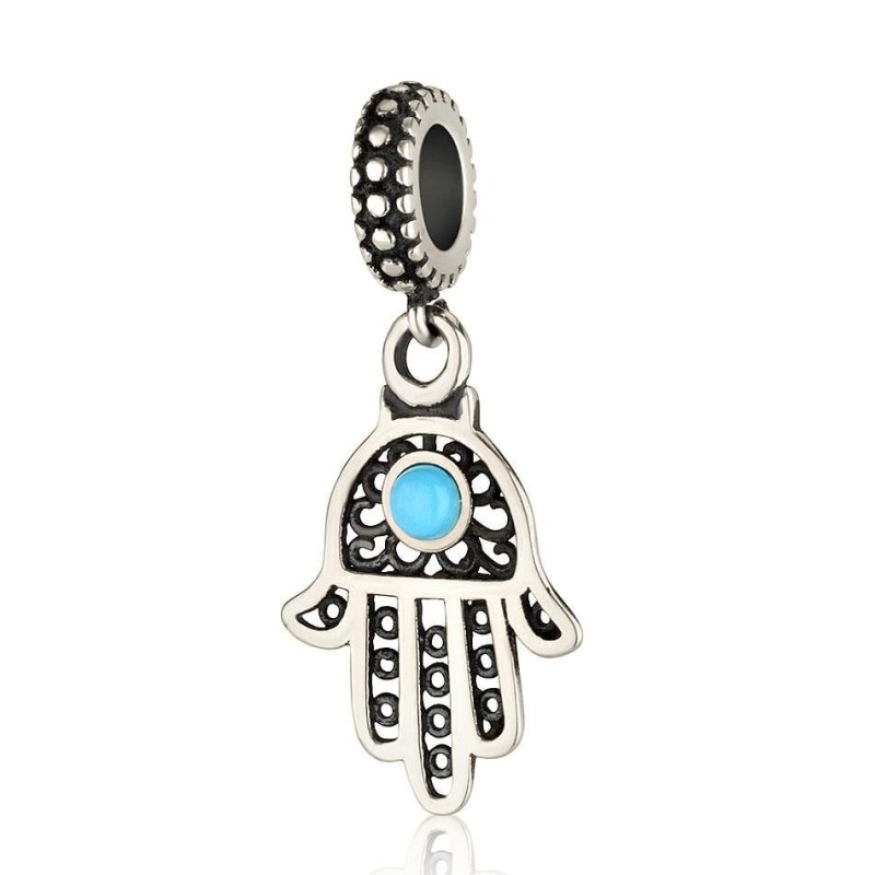 925 Sterling Silver Arabesque Hamsa Pendant Charm with Opal Stone - Rh