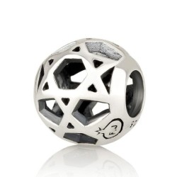 925 Sterling Silver Round Star of David Bead Charm - Rhodium Plated