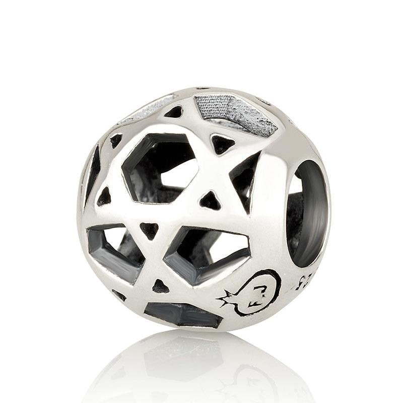 925 Sterling Silver Round Star of David Bead Charm - Rhodium Plated