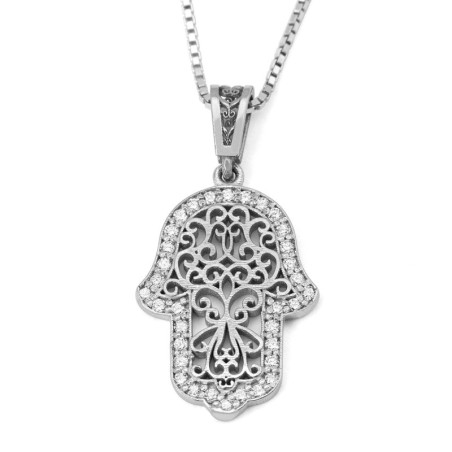 14K White Gold Hamsa Pendant Lined with Diamonds and Ornate Damask Des