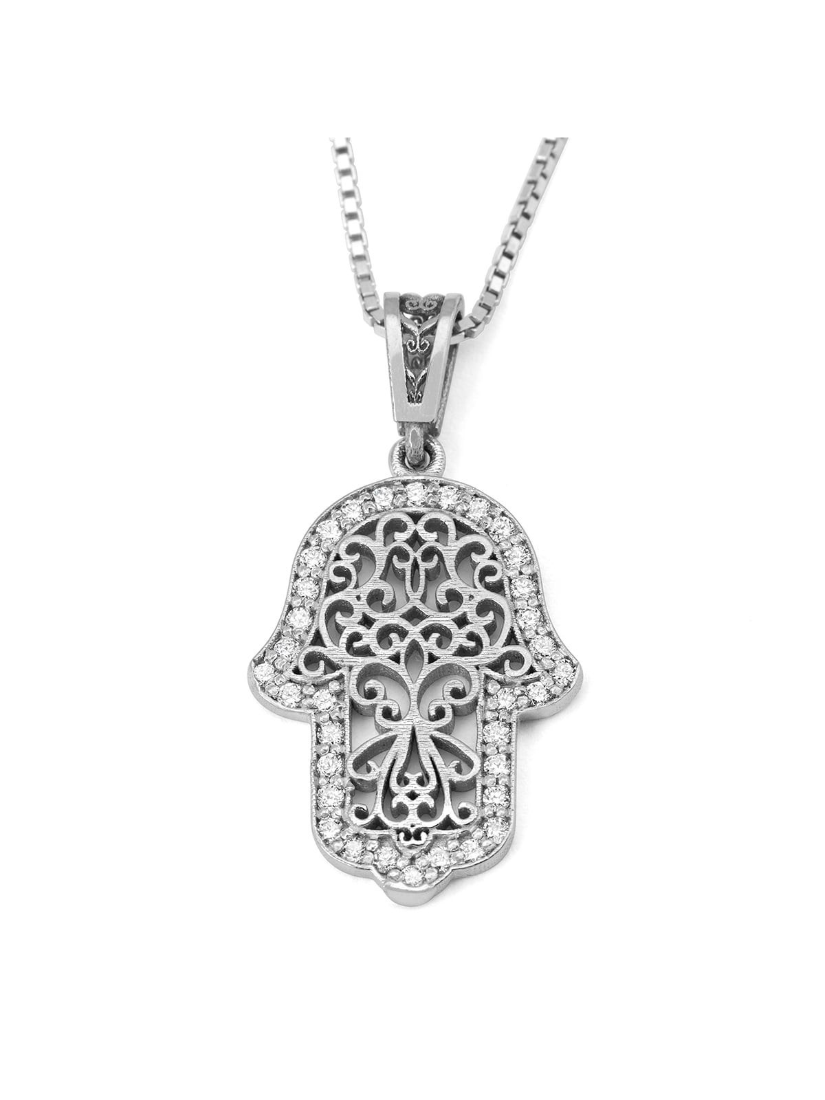 14K White Gold Hamsa Pendant Lined with Diamonds and Ornate Damask Des