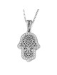14K White Gold Hamsa Pendant Lined with Diamonds and Ornate Damask Des