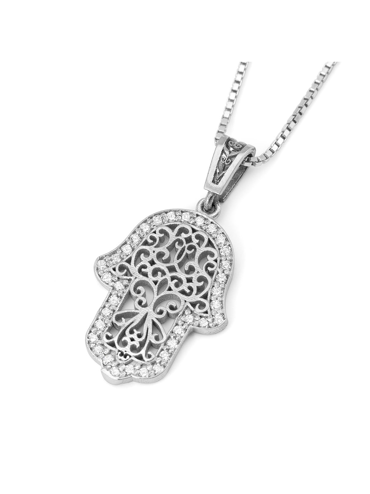 14K White Gold Hamsa Pendant Lined with Diamonds and Ornate Damask Des