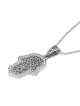 14K White Gold Hamsa Pendant Lined with Diamonds and Ornate Damask Des