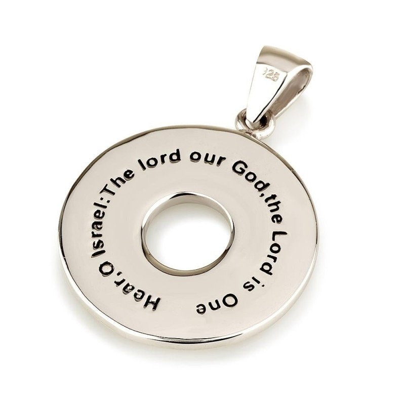 Pendentif Shema Yisrael circulaire en argent sterling 925 hébreu-anglais avec