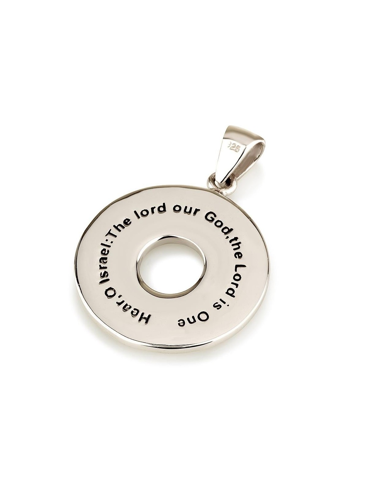 Pendentif Shema Yisrael circulaire en argent sterling 925 hébreu-anglais avec