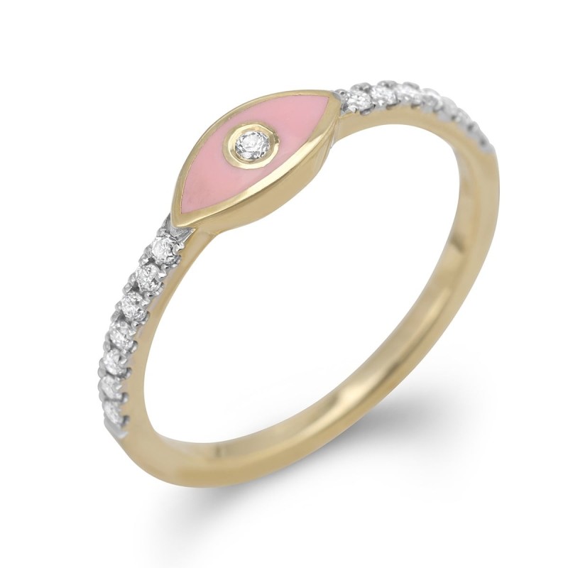 Bague en or jaune 14 carats Evil Eye rehaussée de diamants (émail rose)