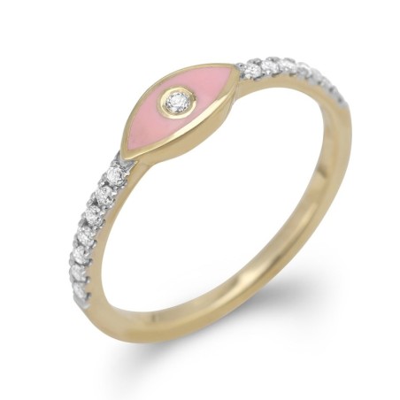 Bague en or jaune 14 carats Evil Eye rehaussée de diamants (émail rose)