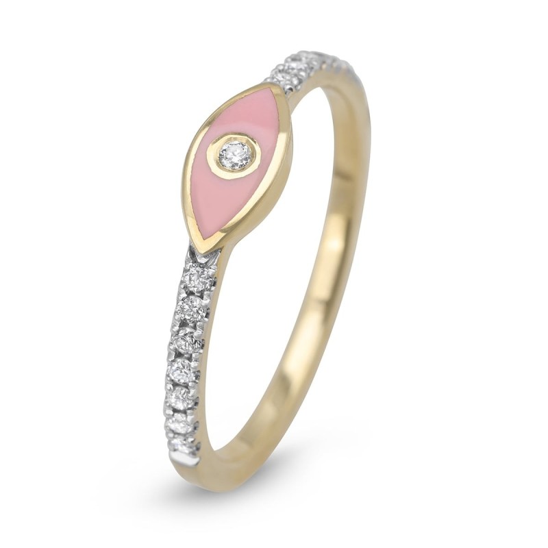 Diamond-Accented Evil Eye 14K Yellow Gold Ring (Pink Enamel)