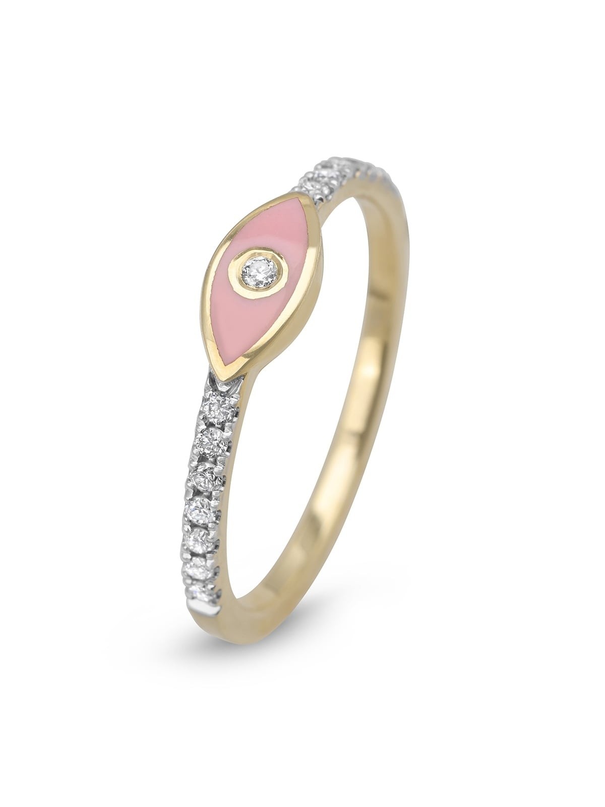 Bague en or jaune 14 carats Evil Eye rehaussée de diamants (émail rose)