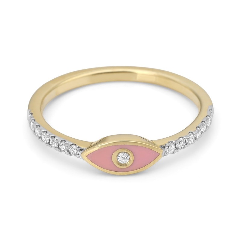 Bague en or jaune 14 carats Evil Eye rehaussée de diamants (émail rose)