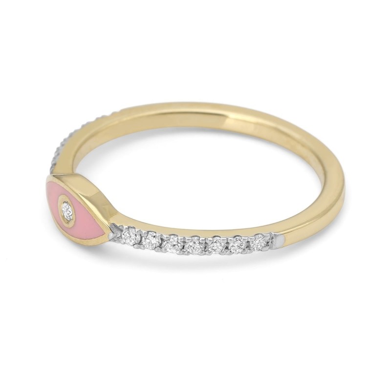 Bague en or jaune 14 carats Evil Eye rehaussée de diamants (émail rose)