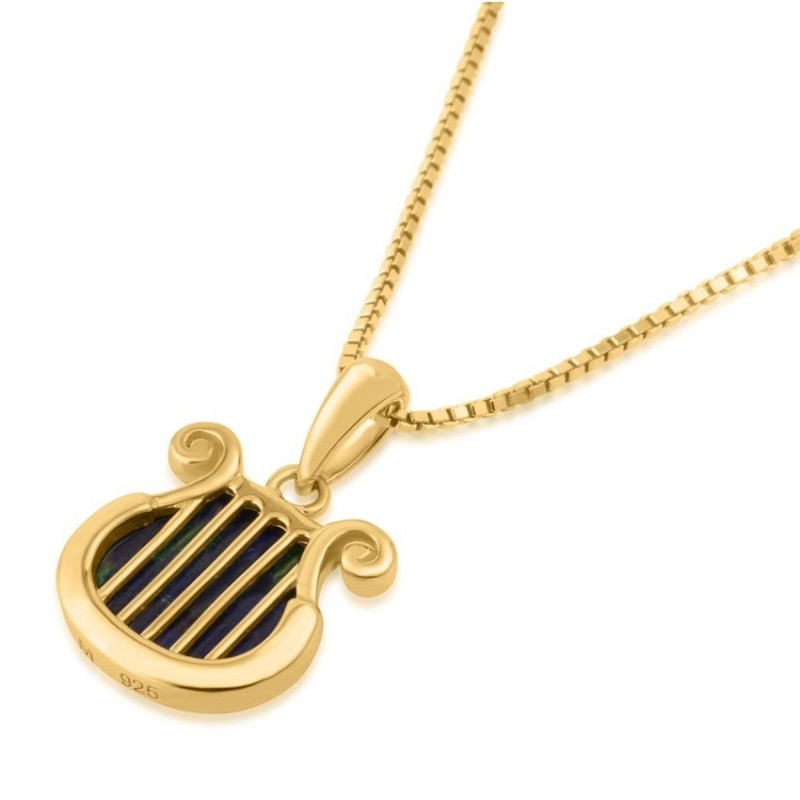 Collier Harpe de David en Argent Plaqué Or avec Pierre d'Eilat