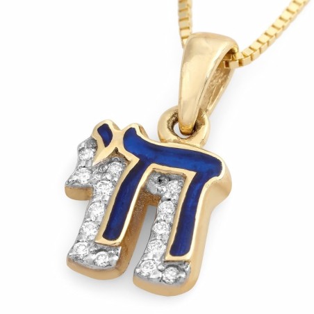 Petit collier à pendentif Chai en or 14 carats et émail bleu avec diamants