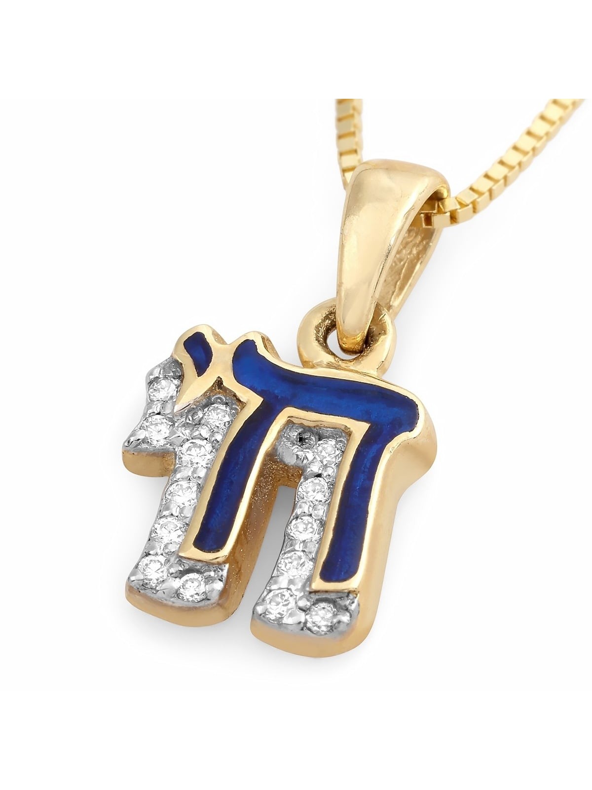 Petit collier à pendentif Chai en or 14 carats et émail bleu avec diamants