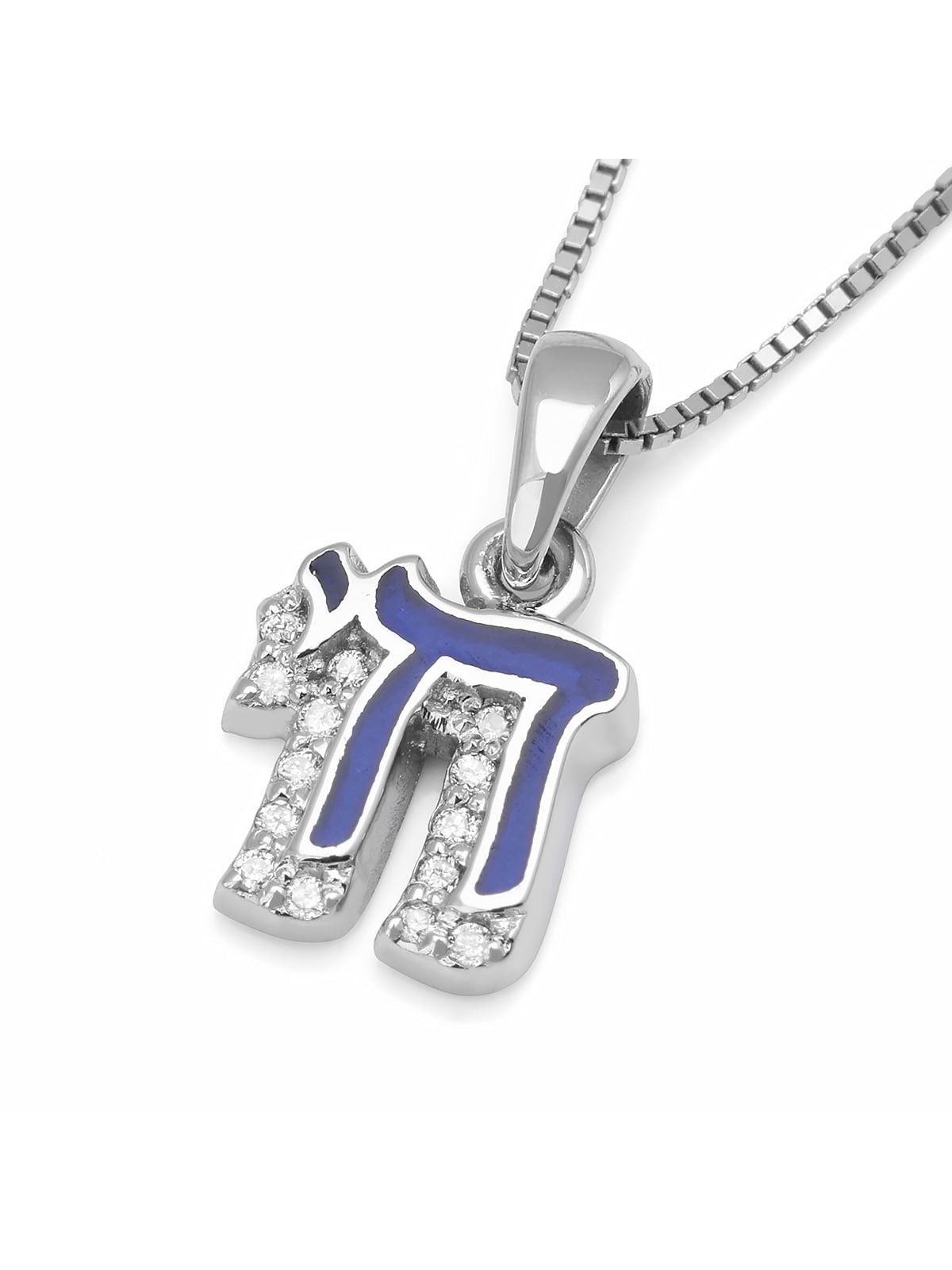 Petit collier à pendentif Chai en or 14 carats et émail bleu avec diamants