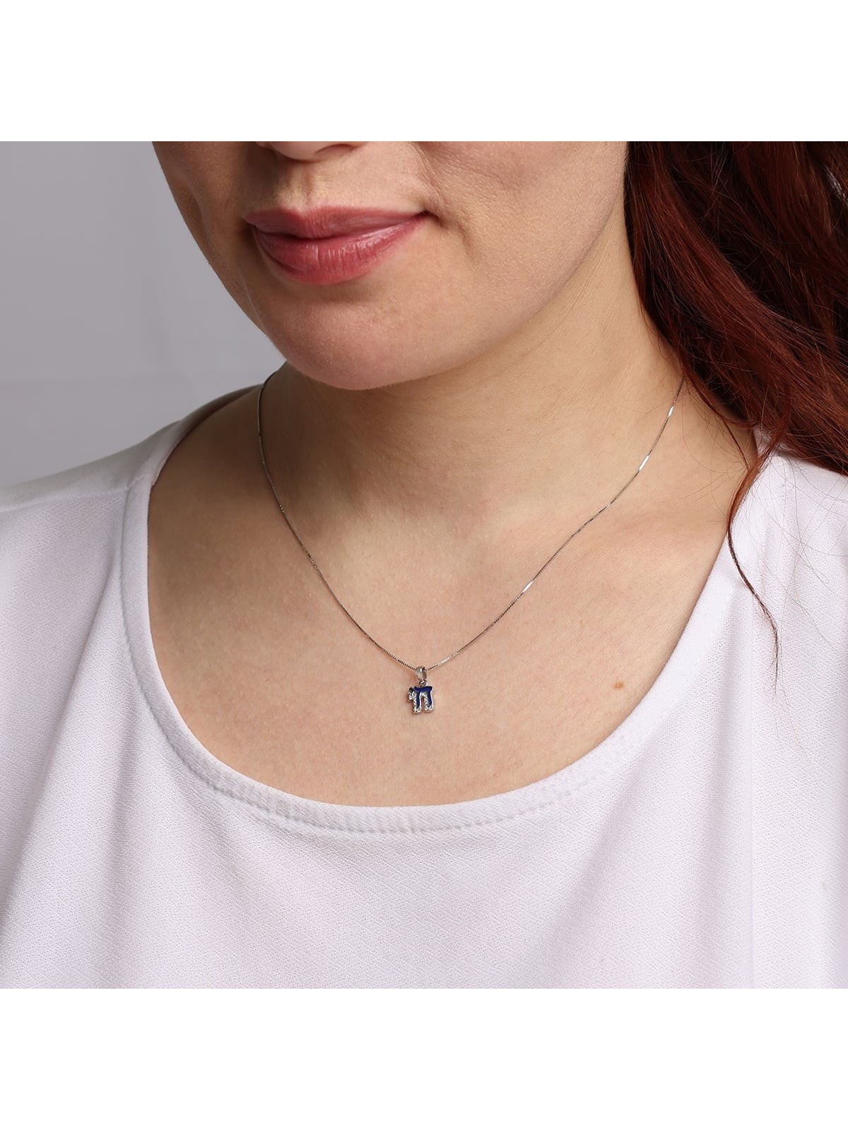 Petite 14K Gold and Blue Enamel Chai Pendant Necklace With Diamonds