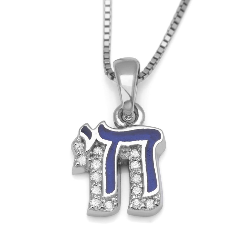 Petite 14K Gold and Blue Enamel Chai Pendant Necklace With Diamonds