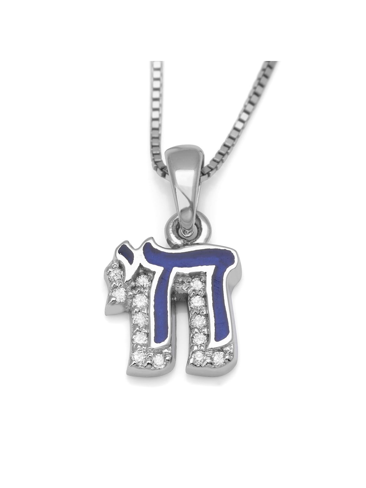 Petite 14K Gold and Blue Enamel Chai Pendant Necklace With Diamonds