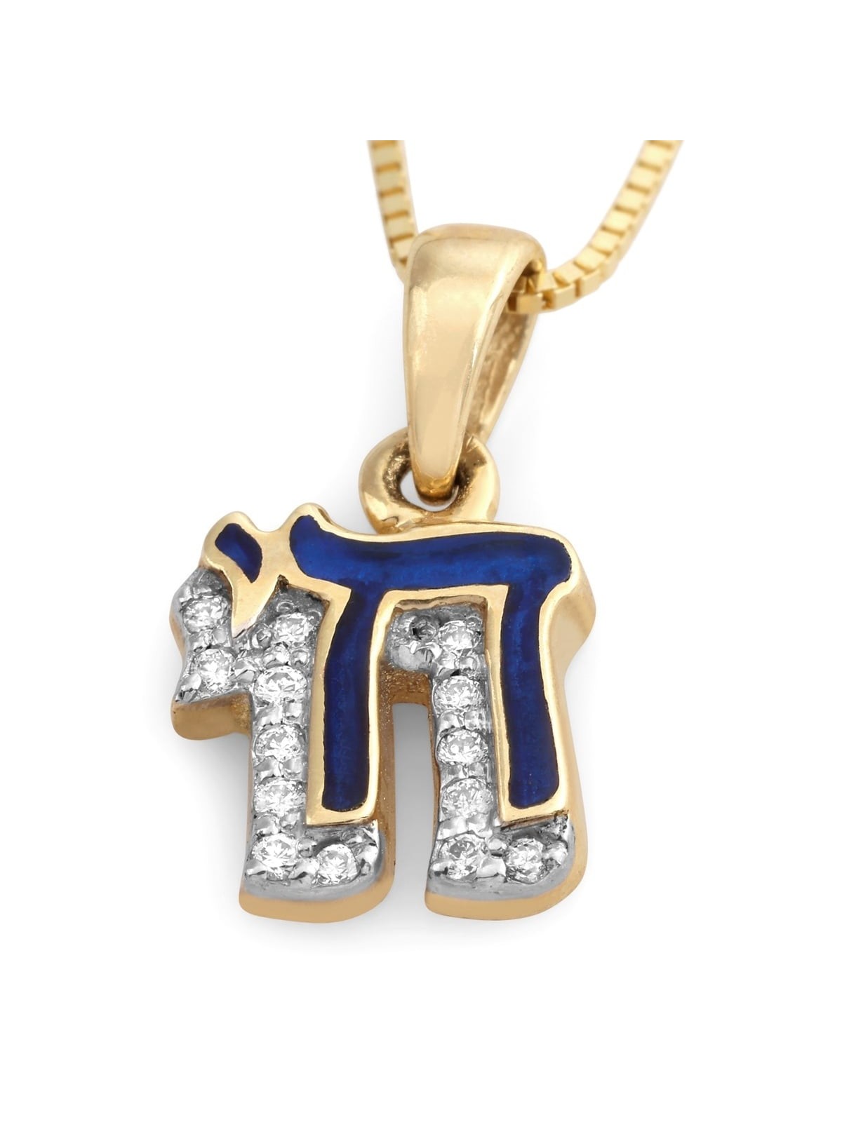 Petite 14K Gold and Blue Enamel Chai Pendant Necklace With Diamonds