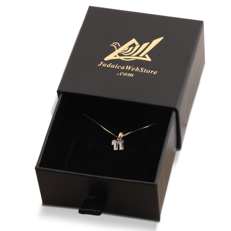 Petite 14K Gold and Blue Enamel Chai Pendant Necklace With Diamonds
