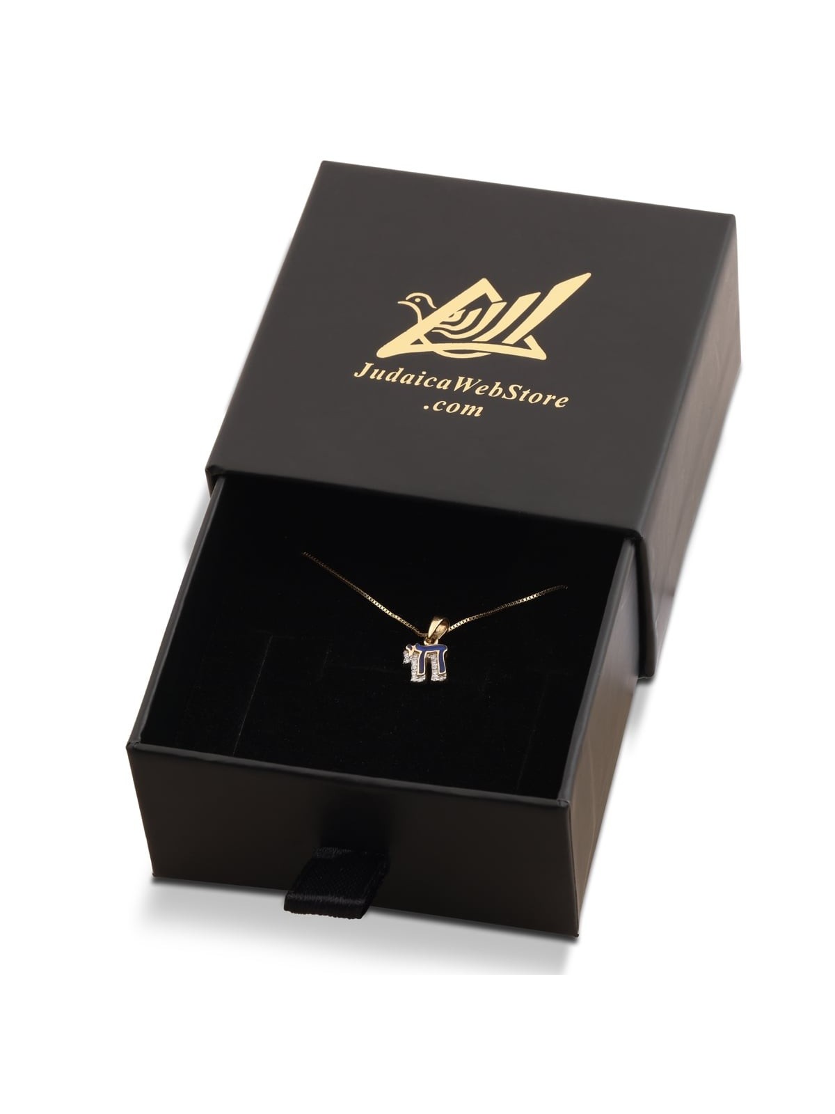 Petite 14K Gold and Blue Enamel Chai Pendant Necklace With Diamonds