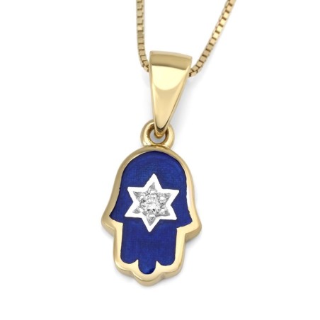 Collier pendentif Hamsa et étoile de David en or 14 carats avec diamant blanc