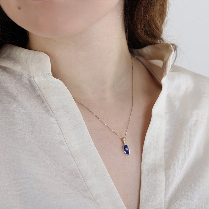 Collier pendentif Hamsa et étoile de David en or 14 carats avec diamant blanc