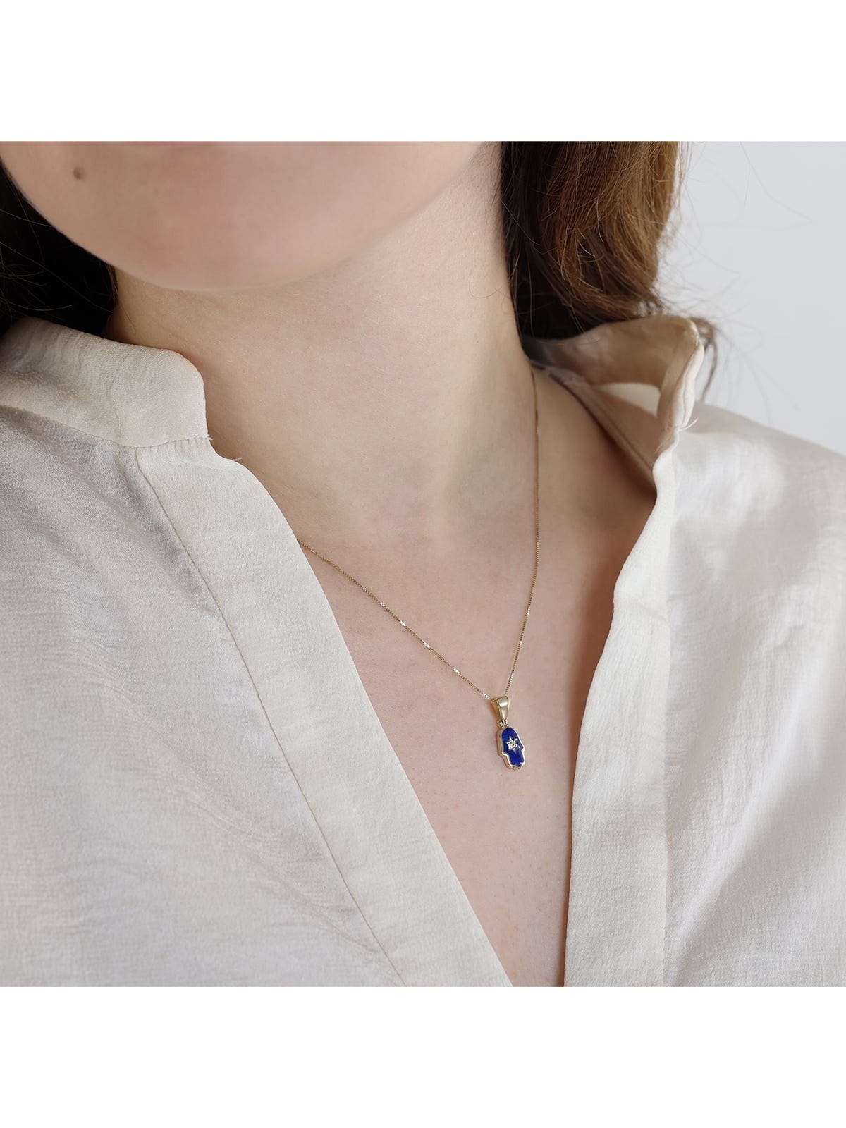 Collier pendentif Hamsa et étoile de David en or 14 carats avec diamant blanc