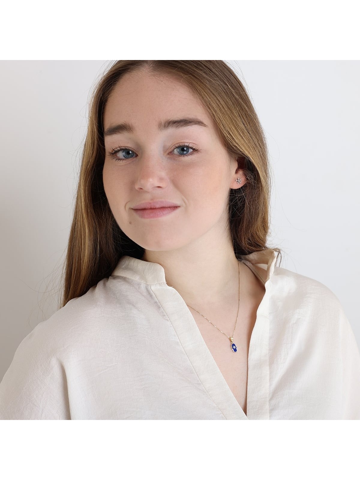Collier pendentif Hamsa et étoile de David en or 14 carats avec diamant blanc
