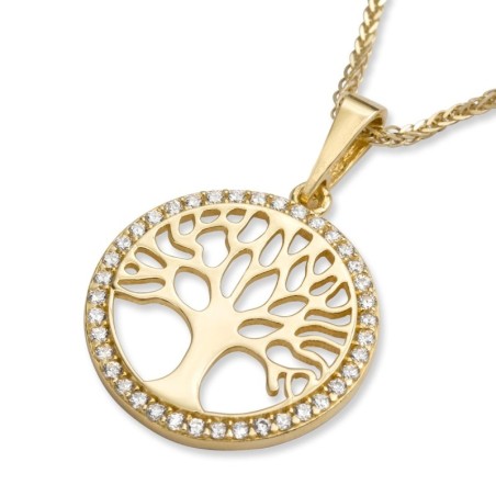 Collier pendentif rond arbre de vie en or jaune 14 carats et zircons cubiques