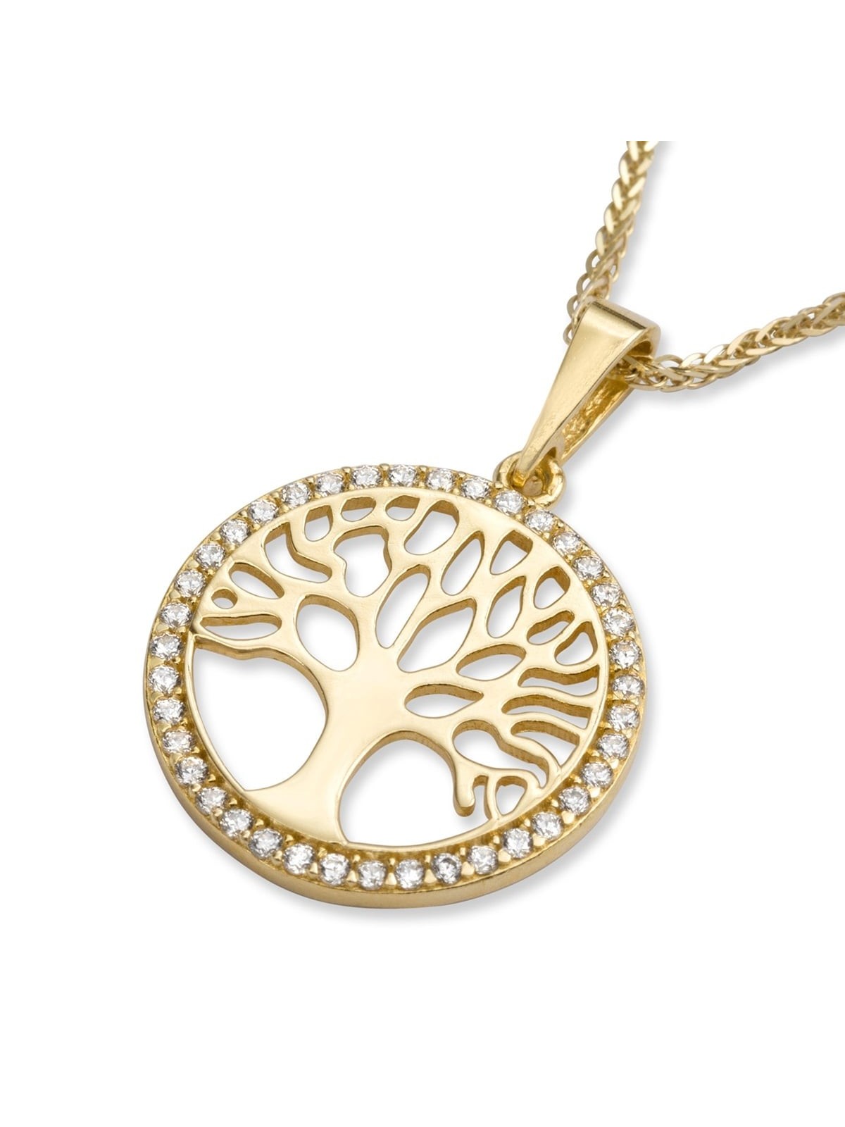 14K Yellow Gold and Cubic Zirconia Round Tree of Life Pendant Necklace