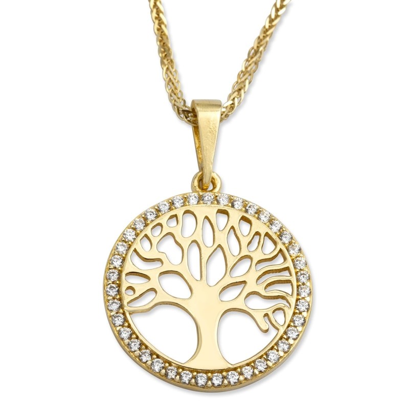 Collier pendentif rond arbre de vie en or jaune 14 carats et zircons cubiques